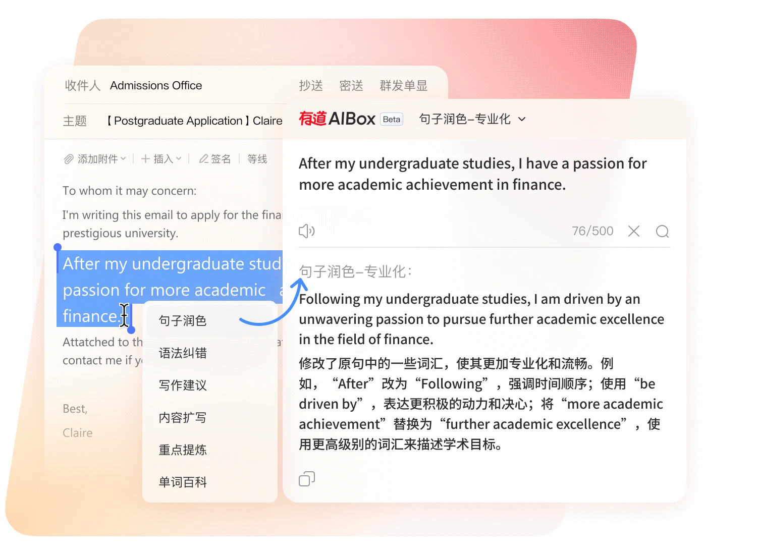 有道翻译桌面端功能界面,展示职场写作高效入口